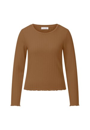 Hnedé rebrované tričko s dlhým rukávom, okrúhlym výstrihom a mierne nariaseným lemom a manžetami, zobrazené na bielom pozadí.