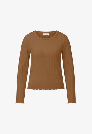 Hnedé rebrované tričko s dlhým rukávom, okrúhlym výstrihom a mierne nariaseným lemom a manžetami, zobrazené na bielom pozadí.