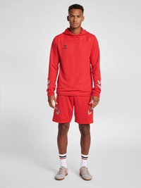 Rode sportieve hoodie met een hoge hals, gestructureerd bovenpaneel en logo. Gecombineerd met rode shorts met grijze chevronaccenten.