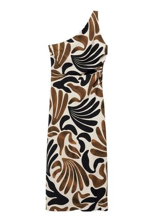 One-shoulder dress featuring a cream background with bold black and brown abstract leaf patterns and a fitted silhouette.