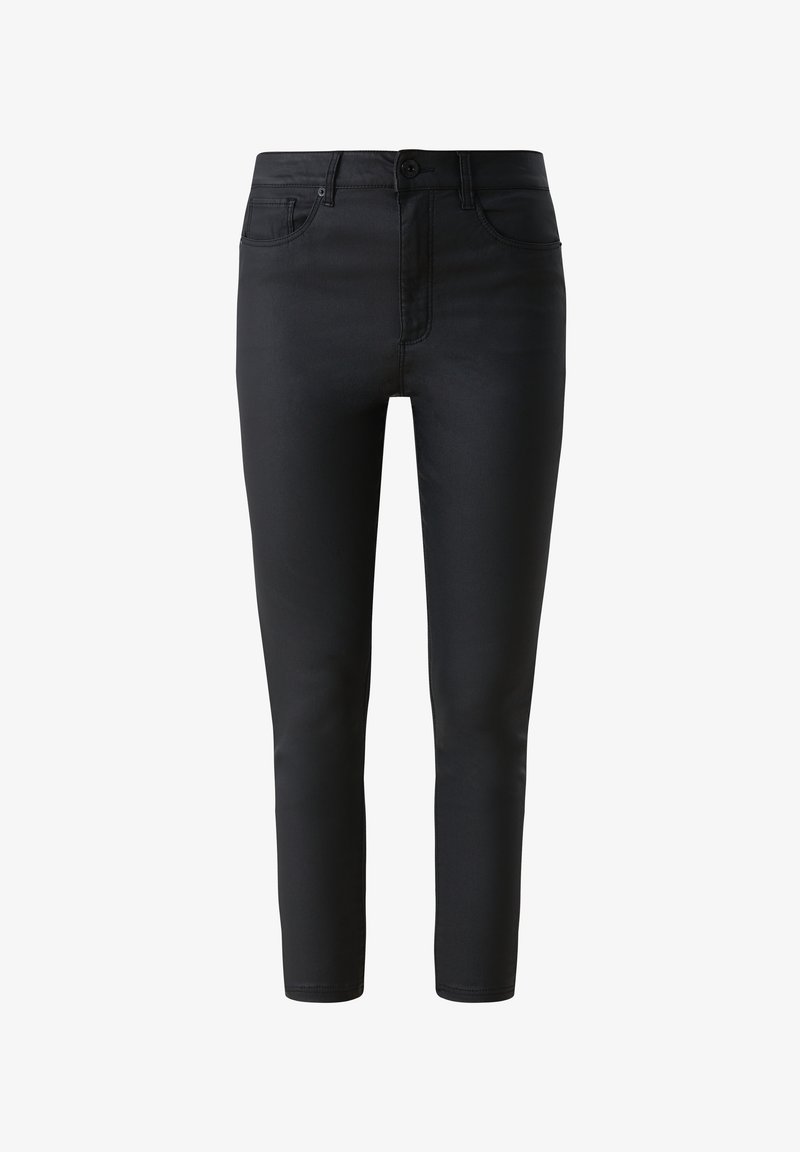 Black denim pants featuring a slim fit, five pockets, a front button closure, and subtle stitching details. Smooth texture, ankle-length cut.