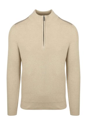 Beige knitted sweater with a high collar and half zipper, featuring ribbed texture and long sleeves, designed for a fitted silhouette.