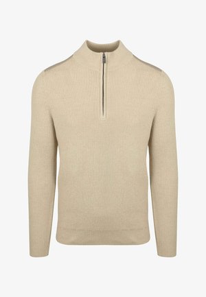 Beige gebreide trui met een hoge kraag en een halve rits, voorzien van een geribbelde textuur en lange mouwen, ontworpen voor een getailleerde silhoët.