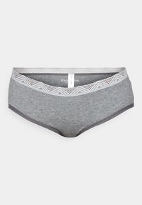 Culotte hipster en coton gris avec une taille en dentelle blanche présentant un motif en zigzag. Comprend une étiquette de marque à l'arrière.