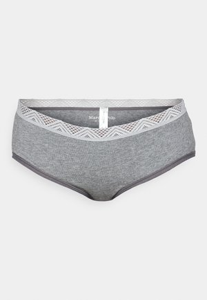 Bragas hipster de algodón gris con una cinturilla de encaje blanco que presenta un patrón en zigzag. Incluye una etiqueta de la marca en la parte trasera.