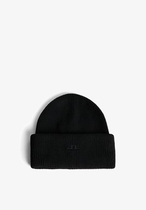 Berretto acrilico nero con texture a coste, presenta un risvolto e un logo impresso sul davanti.