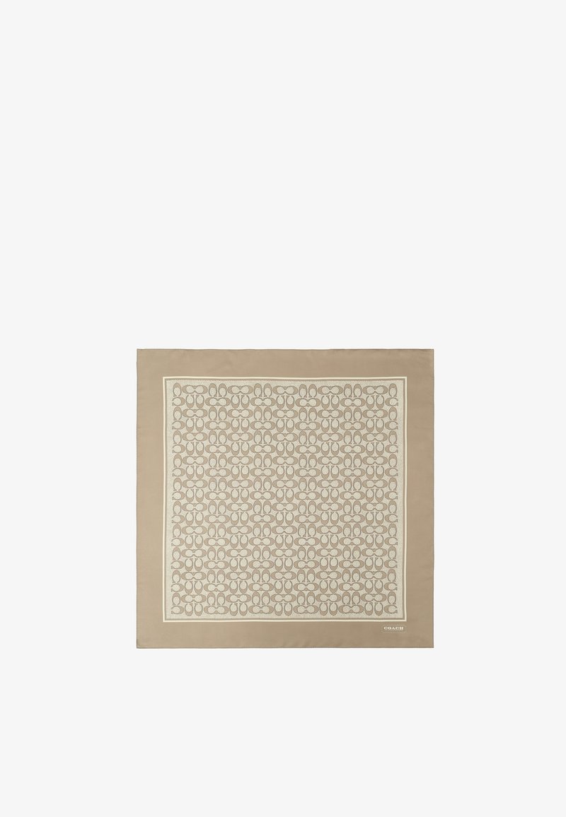 Beige zijden sjaal met een herhaald abstract patroon, omrand met een contrasterende lichte kleur. Het ontwerp is glad met een subtiele glans.