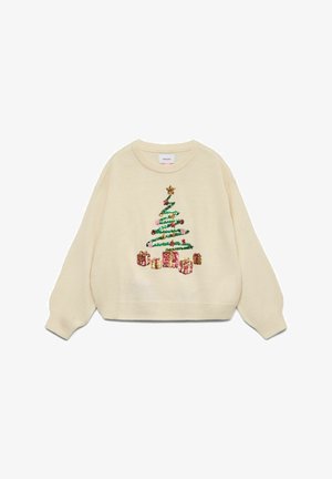 Maglione a maglia color crema con un albero di Natale ricamato in paillettes e regali colorati sotto. Polsini e orlo a coste.