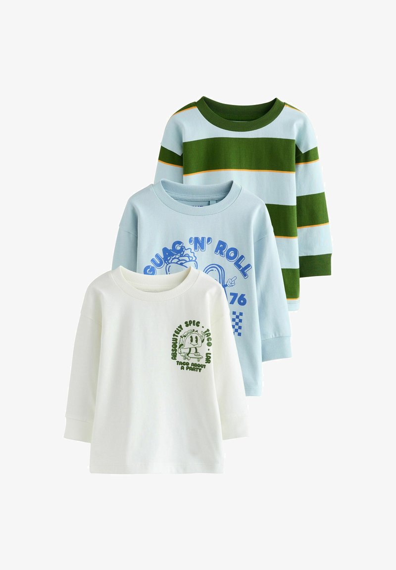 Drei Langarmshirts für Kinder: vorne weiß mit Taco-Grafik, in der Mitte hellblau mit blauer "Guac 'N' Roll"-Druck, hinten grün und hellblau gestreift.