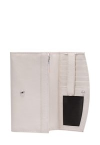 Portafoglio bianco in pelle con finitura texture, chiusura a scatto, vani per schede multipli e una finestra per l'ID in rete. L'interno presenta una tasca con zip.