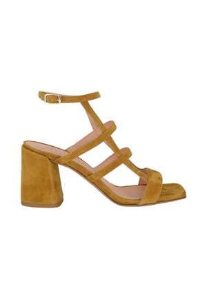 Sandalo con tacco a blocco in camoscio marrone con cinghia alla caviglia e tre sottili cinturini incrociati, punta aperta e tacco quadrato su sfondo bianco.