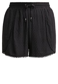 Pantaloni corti neri realizzati in tessuto texturizzato. Presentano una vita elastica, un cordino e un bordo decorativo con pompon lungo l'orlo e i lati.
