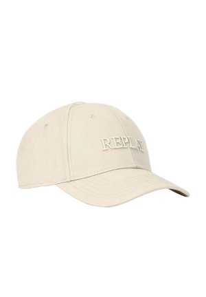 Cappellino da baseball beige con visiera curva e logo "REPLAY" ricamato sul davanti.