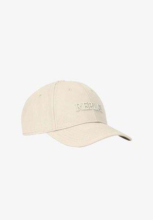 Cappellino da baseball beige con visiera curva e logo "REPLAY" ricamato sul davanti.