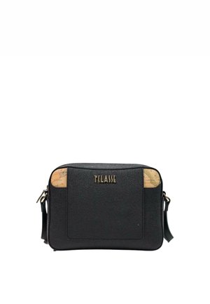 Zwarte rechthoekige crossbodytas met gouden logo "ALVIERO MARTINI 1A CLASSE" en kaartprintaccenten op de bovenste hoeken.