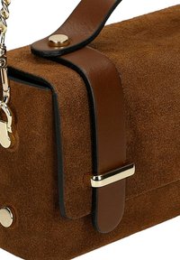 Sac à main en daim marron avec une bandoulière en cuir lisse, sécurisé par une quincaillerie métallique dorée et un fermoir.