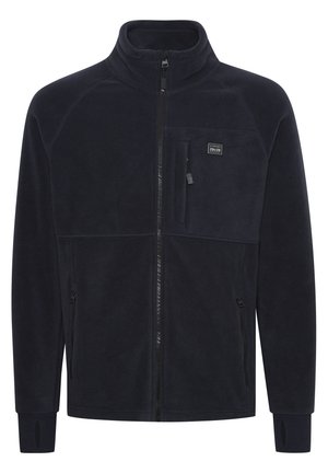 Marine fleecejakke med høj krave, fuld lynlås foran, to sidelommer og en brystlomme med et lille logo-label.