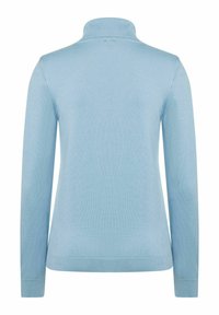 Helles blaues Pullover mit hohem Kragen und langen Ärmeln. Glatte Textur, gerippte Bündchen und Saum, mit einem minimalistischen Design.