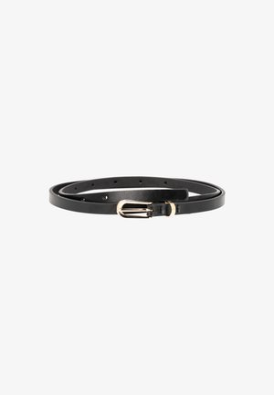 Black leather belt with a thin design, featuring a gold-tone metal buckle and multiple adjustment holes for size flexibility.