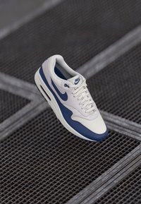Valge ja tume sinine Nike sneaker, millel on paelad, asub metallist resti pinnal, kaldenurgaga, et näidata külg- ja ülaosalisi detaile.