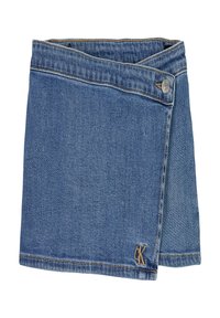 Denim suknja s omotom u svijetloplavoj boji, s patentnim zatvaračem, šivenim rubovima i malim zlatnim "CK" logotipom u donjem lijevom kutu.