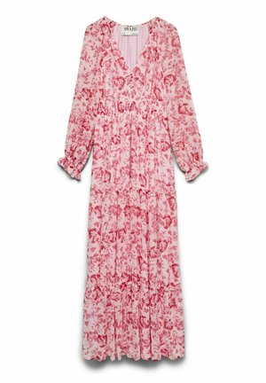 Longue robe en mousseline avec imprimé floral rose et rouge, col en V, taille froncée, manches longues à volants et jupe à volants.