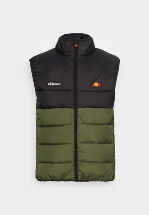 Veste matelassée sans manches noire et vert olive avec fermeture éclair à l'avant, col montant et logos ellesse sur la poitrine.