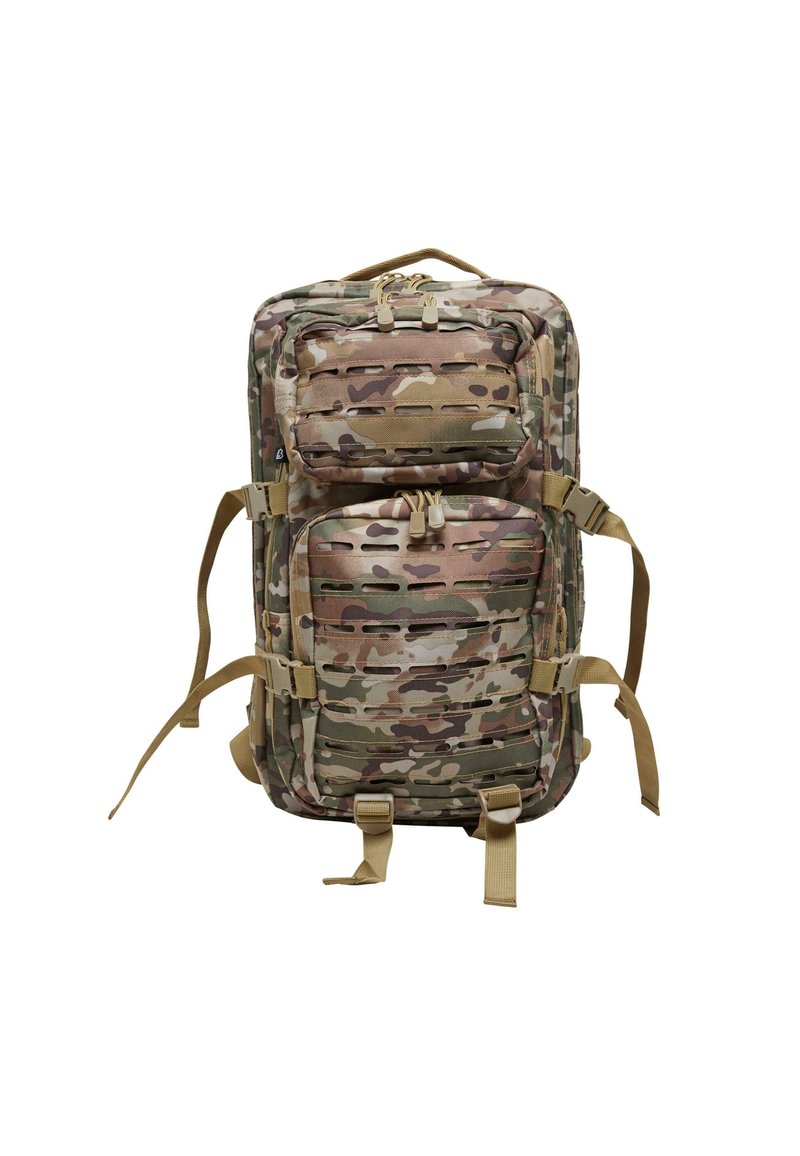 Camouflage backpack made of durable fabric, featuring multiple pockets, adjustable straps, and a padded back for comfort.