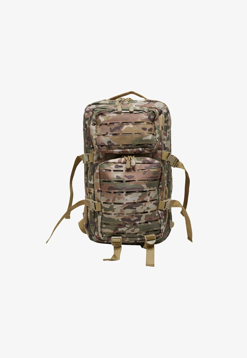Camouflage backpack made of durable fabric, featuring multiple pockets, adjustable straps, and a padded back for comfort.