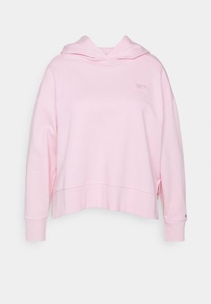 Helle rosa Kapuzenjacke aus weichem Stoff, mit lockerer Passform, einer doppelten Kapuze und gesticktem Logodetail auf der Vorderseite.