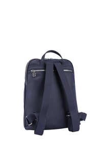 Zaino in nylon blu navy con spallacci in tessuto regolabili, manico superiore, chiusura con zip e dettagli in metallo. Texture liscia, design minimalista.