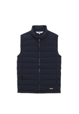 Veste sans manches matelassée bleu marine avec fermeture éclair à l'avant, col haut et patch logo Aigle en bas de l'ourlet.