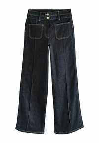 Szerokie, ciemnoniebieskie dżinsy z dwiema przednimi guzikami, kontrastowym przeszyciem oraz dwiema tylnymi kieszeniami. Materiał wydaje się solidny o gładkiej fakturze.