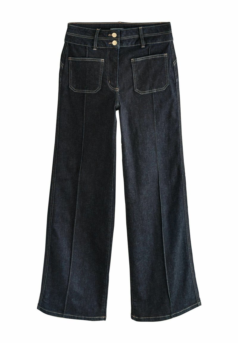 Szerokie, ciemnoniebieskie dżinsy z dwiema przednimi guzikami, kontrastowym przeszyciem oraz dwiema tylnymi kieszeniami. Materiał wydaje się solidny o gładkiej fakturze.