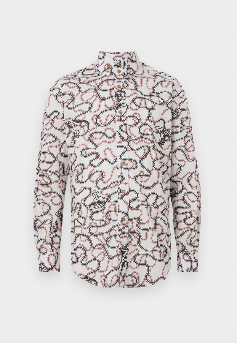 Camicia bianca con bottoni e maniche lunghe, con motivi astratti a zigzag neri e rossi e piccoli motivi di corona e globo.