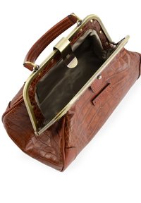 Brown leather handbag with crocodile texture, gold hardware, and brown leather handle. Interior is lined with a smooth dark fabric.