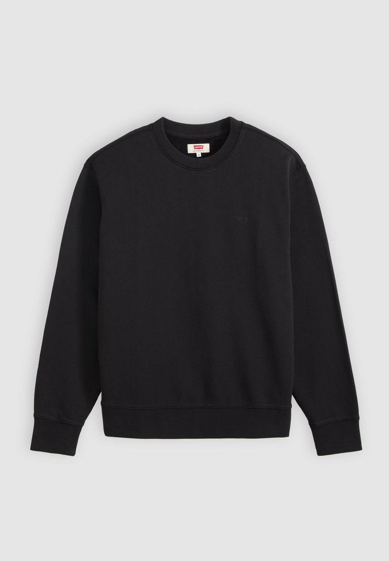 Sweat-shirt noir à manches longues avec col rond, poignets et ourlet côtelés, avec un petit logo Levi's sur la poitrine et une étiquette rouge Levi's sur le col.