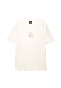 Cream-colored cotton t-shirt with a round neckline and short sleeves. Features a delicate, floral embroidery at the center.