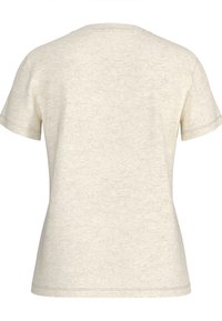 Lys beige bomull t-skjorte med korte ermer, rund hals og en jevn, myk tekstur. Har minimal søm og ingen grafikk.