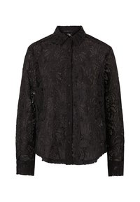 Zwarte kanten blouse met een bloemenpatroon, knoopsluiting en puntige kraag. Lange mouwen met gestructureerde kantdetails.