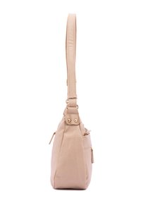 Borsa a tracolla in pelle beige con finitura testurizzata, tracolla singola e tasca laterale con zip. Presenta dettagli in metallo dorato.