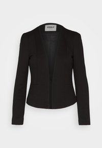 Černý blazer s přiléhavým střihem, žebrovanou texturou, dlouhými rukávy a vykrojeným límcem. Obsahuje přední zapínání a žádné zapínání.