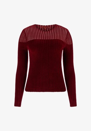 Maglione bordeaux a coste con maniche lunghe, caratterizzato da pannelli a strisce trasparenti nella parte superiore e una silhouette aderente.