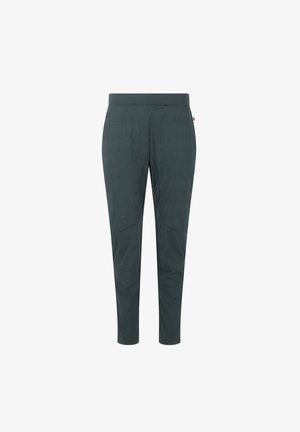 Mørkegrønne, tapered bukser lavet af letvægtsmateriale. Har forstærkede knæpaneler og et glat elastisk taljebånd. Enkel, funktionel design.