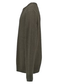 Rippiger, olivgrüner Pullover mit Rundhalsausschnitt, langen Ärmeln und einem strukturierten Strickmuster, in Seitenansicht dargestellt.