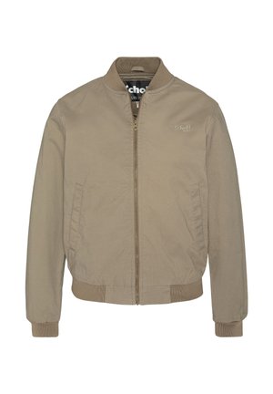 Veste bomber beige avec des poignets et un ourlet côtelés, fermeture éclair à l'avant et poches latérales. Tissu lisse avec un logo discret sur la poitrine.