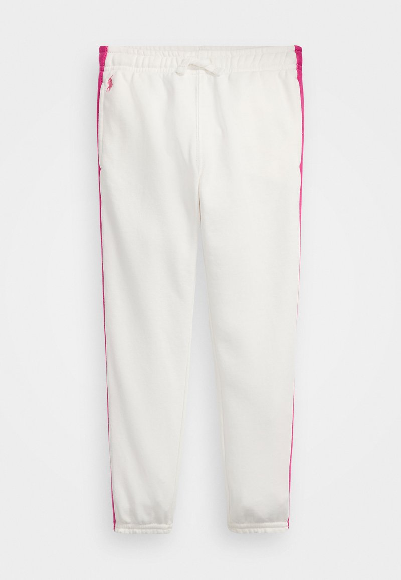 Λευκά αθλητικά παντελόνια με ροζ πλαϊνές ρίγες, διαθέτουν ελαστική μέση, κορδόνι και εφαρμοστά μανίκια. Κατασκευασμένα από μαλακό, υφασμένο ύφασμα.