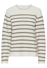 Haut léger à manches longues en tissu doux. Présente des rayures horizontales blanches et beiges. Col rond, tricot texturé, coupe décontractée.