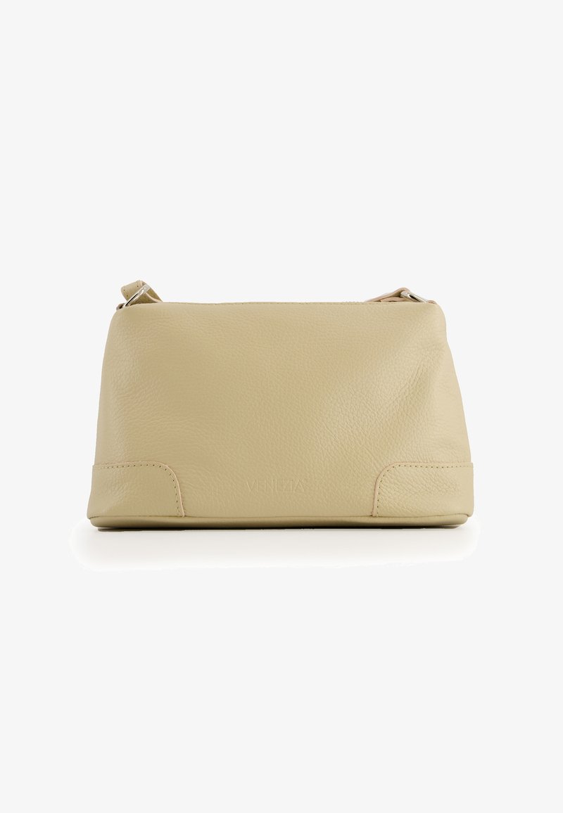 Cream-colored leather bag with a soft texture, rectangular shape, and minimalistic design. Features subtle stitching and a logo accent.