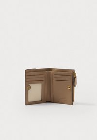 Brown leather wallet with multiple card slots, a transparent ID pocket, and a zippered compartment, featuring gold-tone hardware.